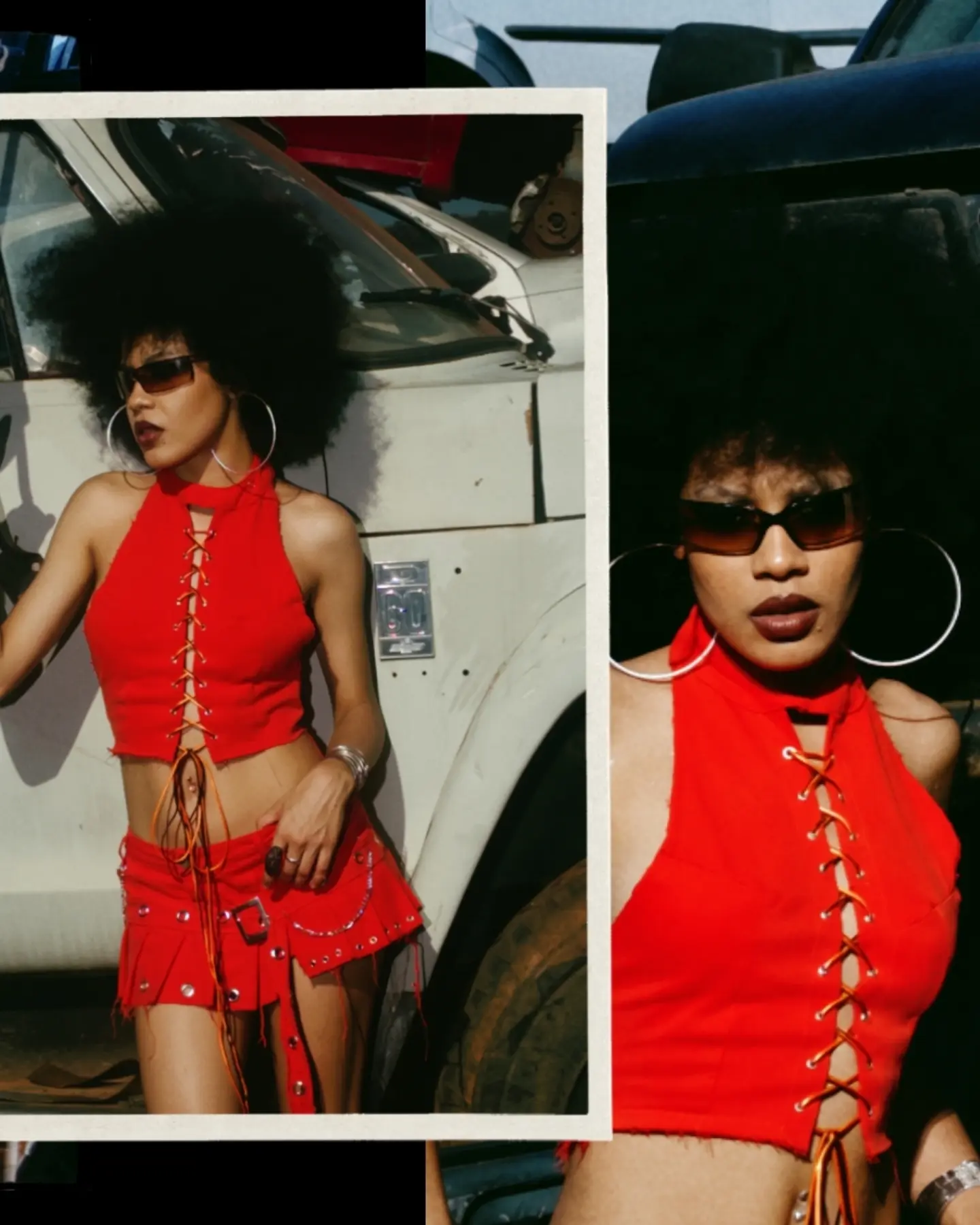 Look vermelho com amarrações em colagem de corpo e retrato.